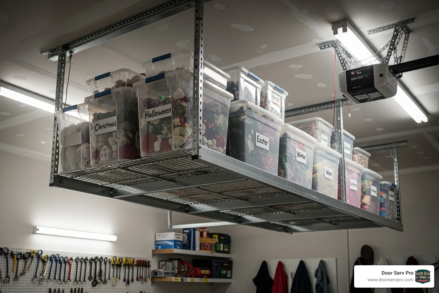 ceiling-mounted storage rack holding seasonal bins - Garage storage solutions