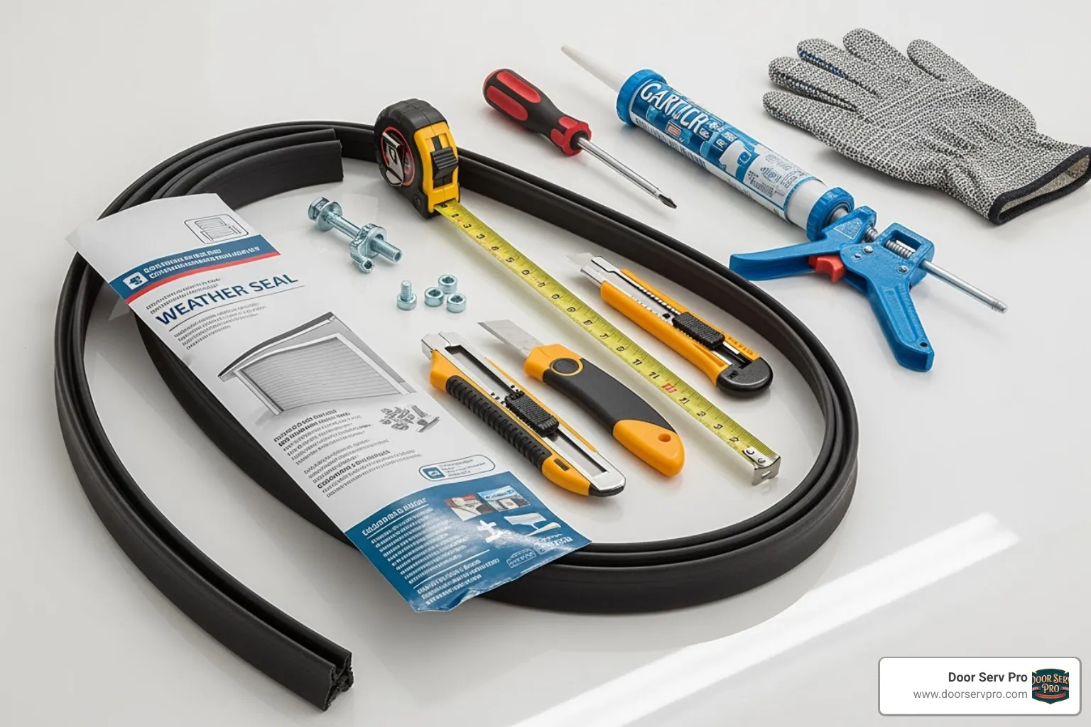 tools and a weather seal kit laid out for installation - garage door weather seal
