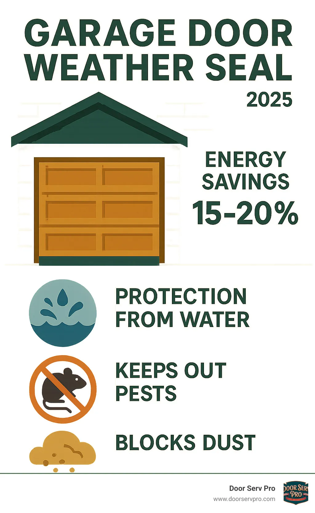 Comprehensive infographic showing garage door weather seal benefits including energy savings percentages, protection from water, pests, and dust - garage door weather seal infographic