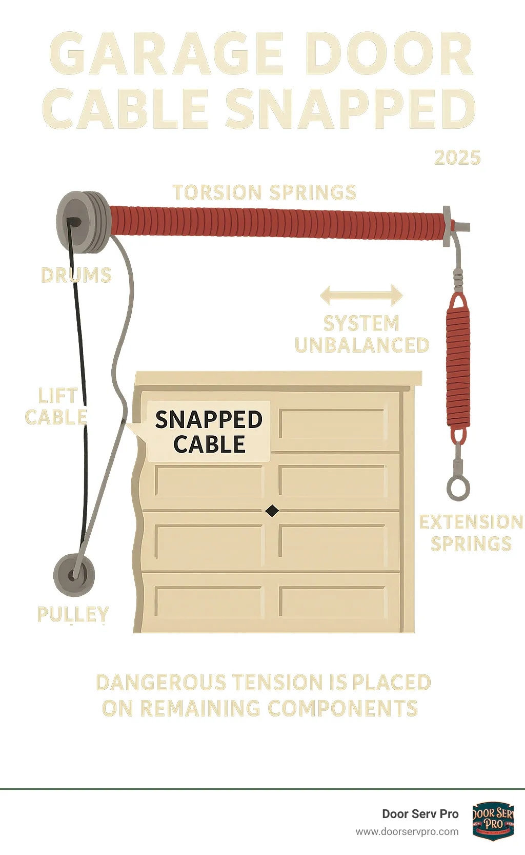 Infographic showing garage door system components including torsion springs, lift cables, drums, pulleys, and extension springs with safety cables, highlighting how a snapped cable affects the entire system balance and creates dangerous tension on remaining components - garage door cable snapped infographic