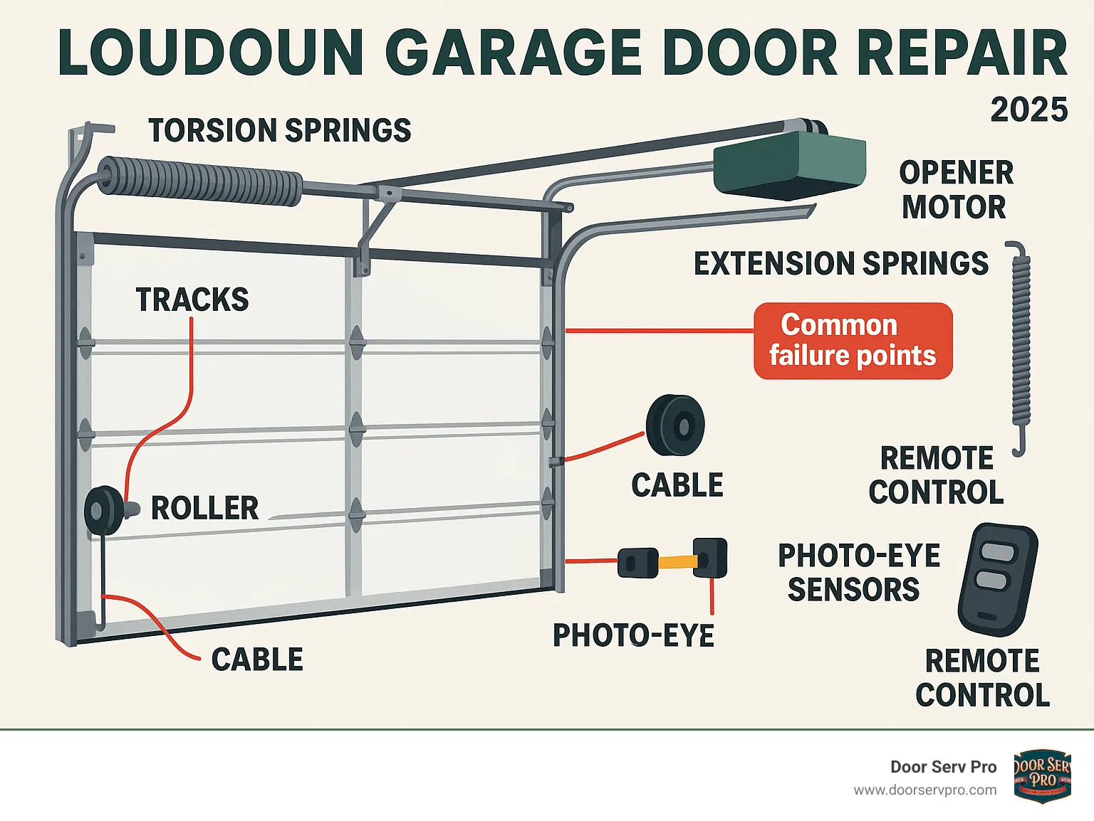 Comprehensive infographic showing garage door system components including torsion springs, extension springs, tracks, rollers, cables, photo-eye sensors, opener motor, and remote control with labels indicating common failure points and repair needs - Loudoun garage door repair infographic