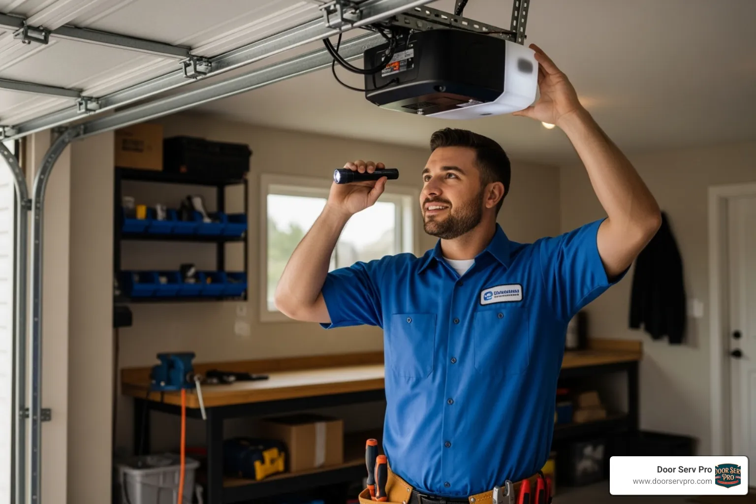 A friendly technician inspecting a garage door opener - Loudoun garage door repair