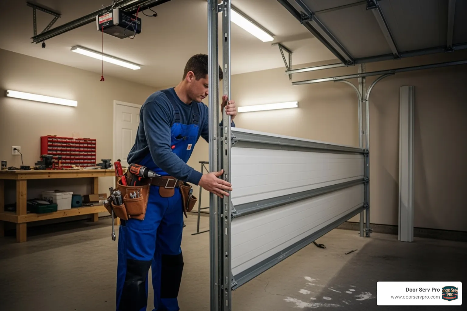 Technician fitting a garage door panel into the tracks - garage door installation process