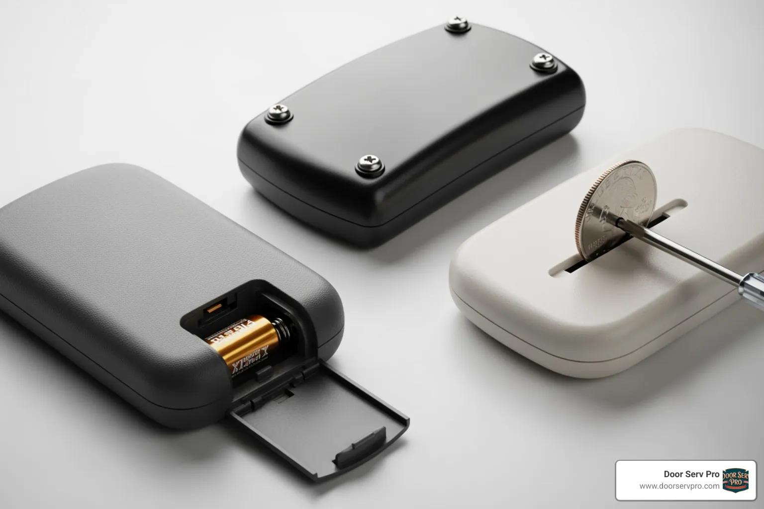 Image showing different ways to open a remote, including a sliding cover, a case secured with screws, and a case with a pry notch - garage remote battery change