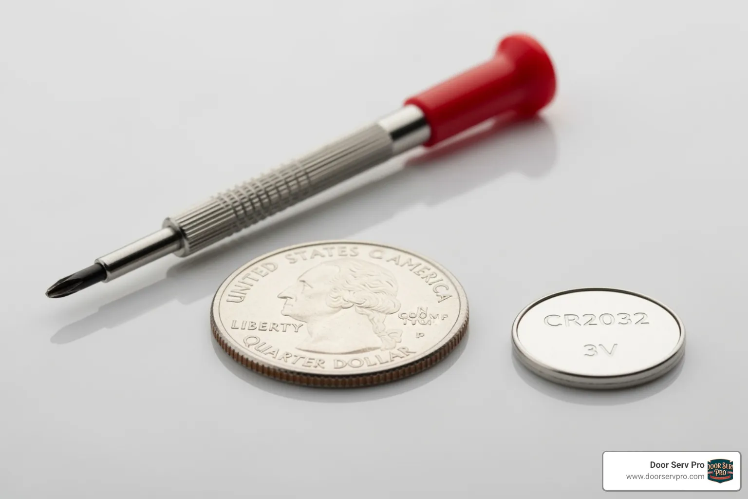 Image of the tools needed for a battery change, like a small screwdriver, a coin, and a new battery - garage remote battery change