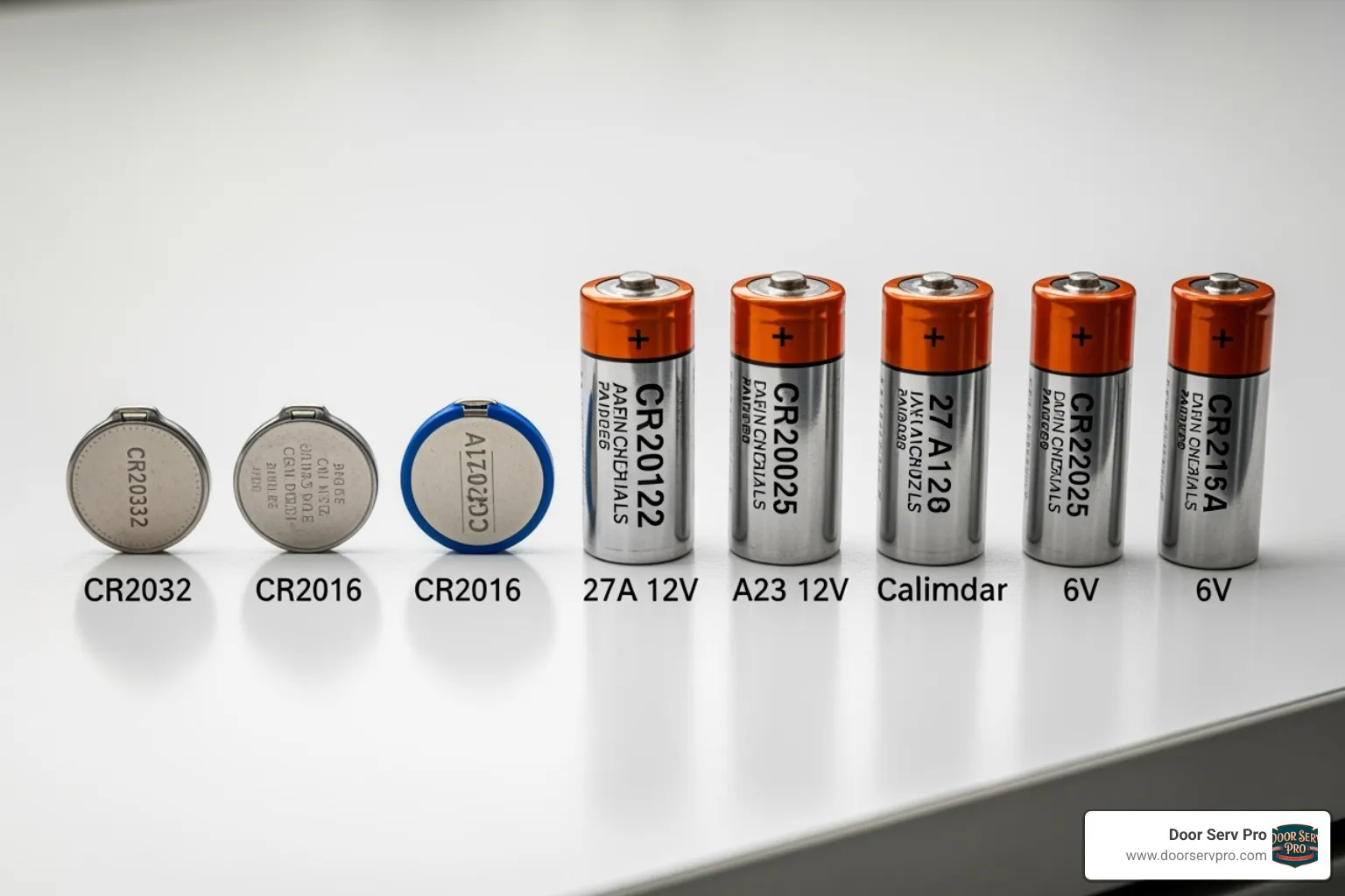 Image of various common garage remote batteries like CR2032, 27A 12V, 12V, and 6V - garage remote battery change