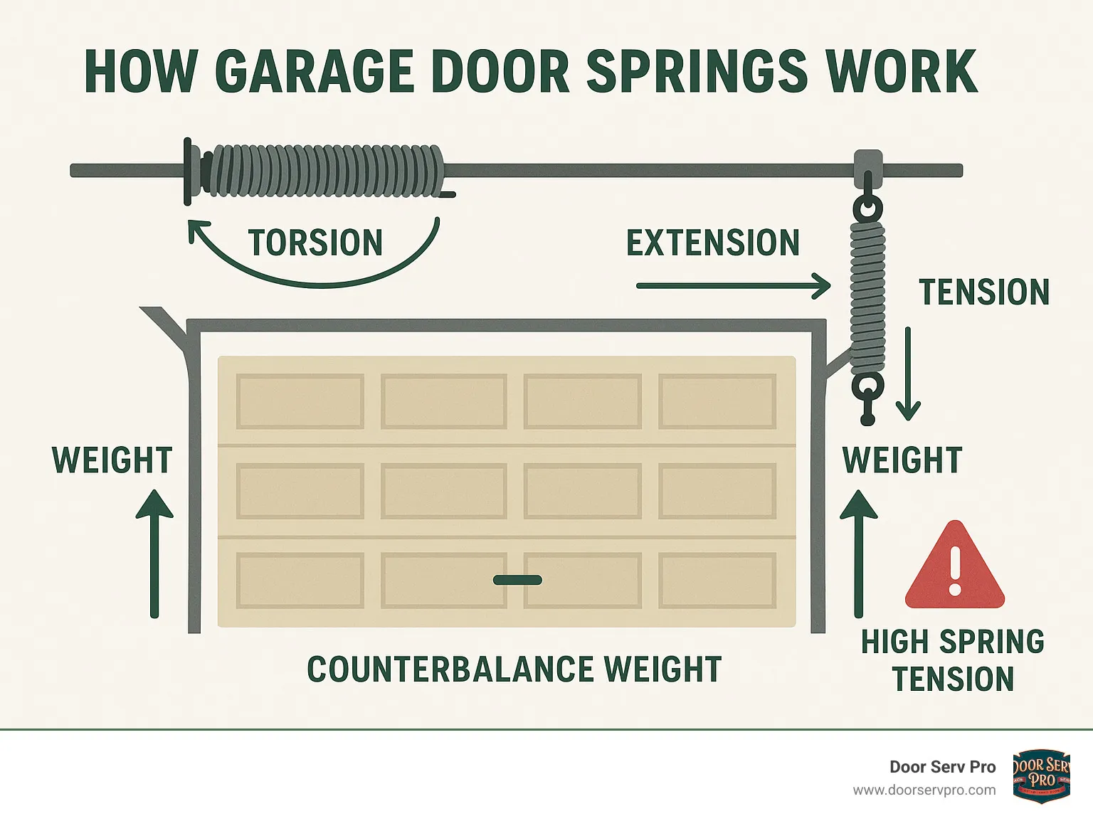 Infographic showing how garage door springs counterbalance the door's weight through torsion or extension mechanisms, with arrows indicating the forces at work and safety warnings about high tension - garage door spring service infographic