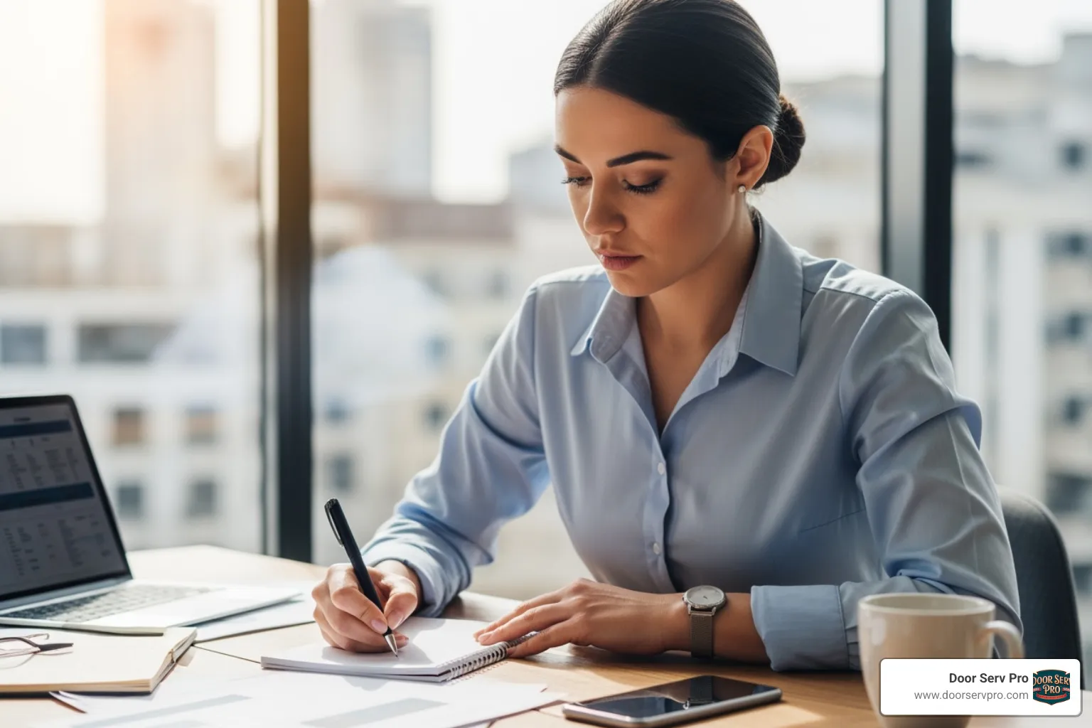 Business owner writing out their guarantee policy - 100 satisfaction guarantee