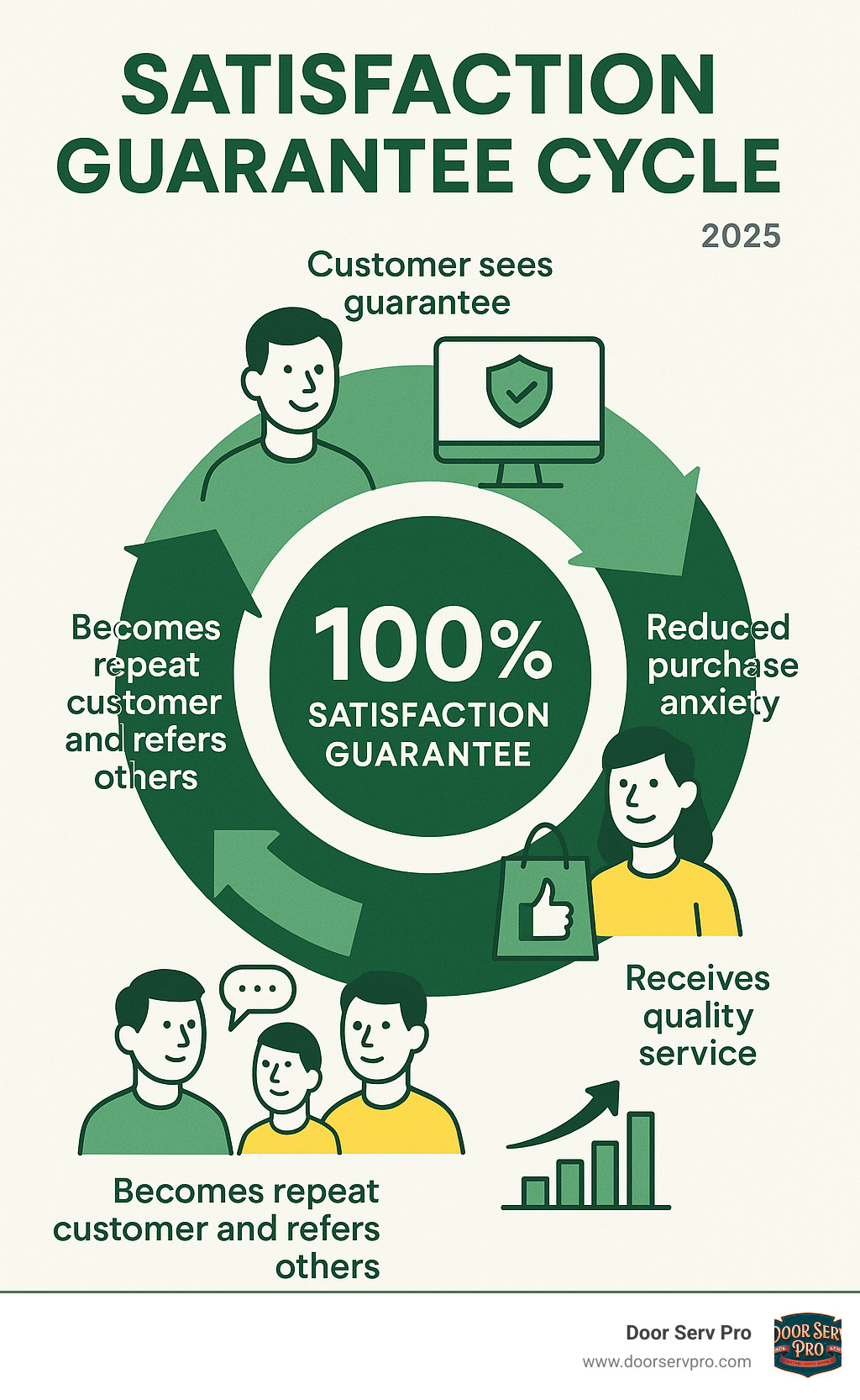 Infographic showing the satisfaction guarantee cycle: Customer sees guarantee → Reduced purchase anxiety → Makes purchase with confidence → Receives quality service → Becomes repeat customer and refers others → Business builds reputation and grows - 100 satisfaction guarantee infographic