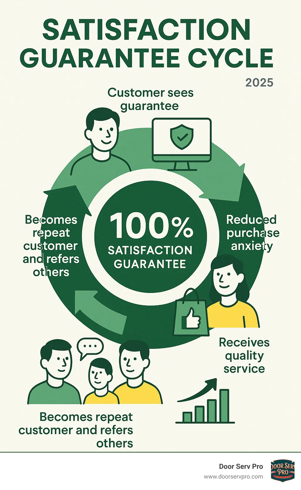 Infographic showing the satisfaction guarantee cycle: Customer sees guarantee → Reduced purchase anxiety → Makes purchase with confidence → Receives quality service → Becomes repeat customer and refers others → Business builds reputation and grows - 100 satisfaction guarantee infographic
