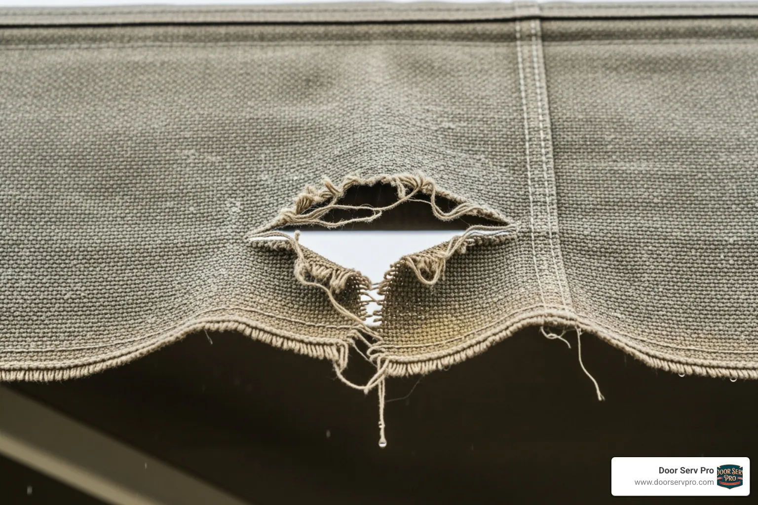 faded and slightly torn awning fabric - patio awning repair