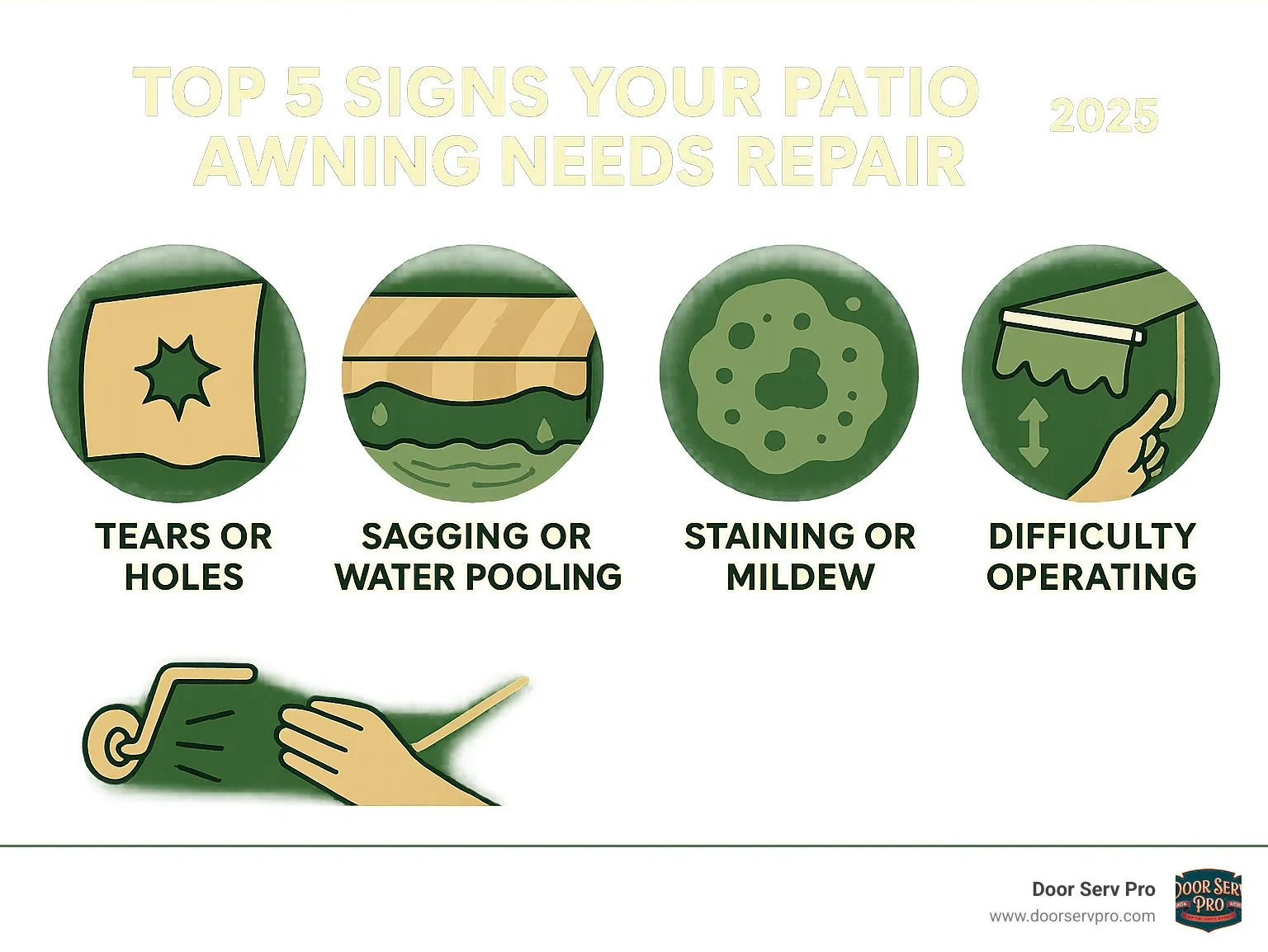 Infographic showing the top 5 signs your patio awning needs repair: fabric tears or holes in the material, noticeable sagging or water pooling on the fabric surface, dark stains or mildew growth, strange grinding or squeaking noises from the mechanism, and difficulty extending or retracting the awning properly - patio awning repair infographic