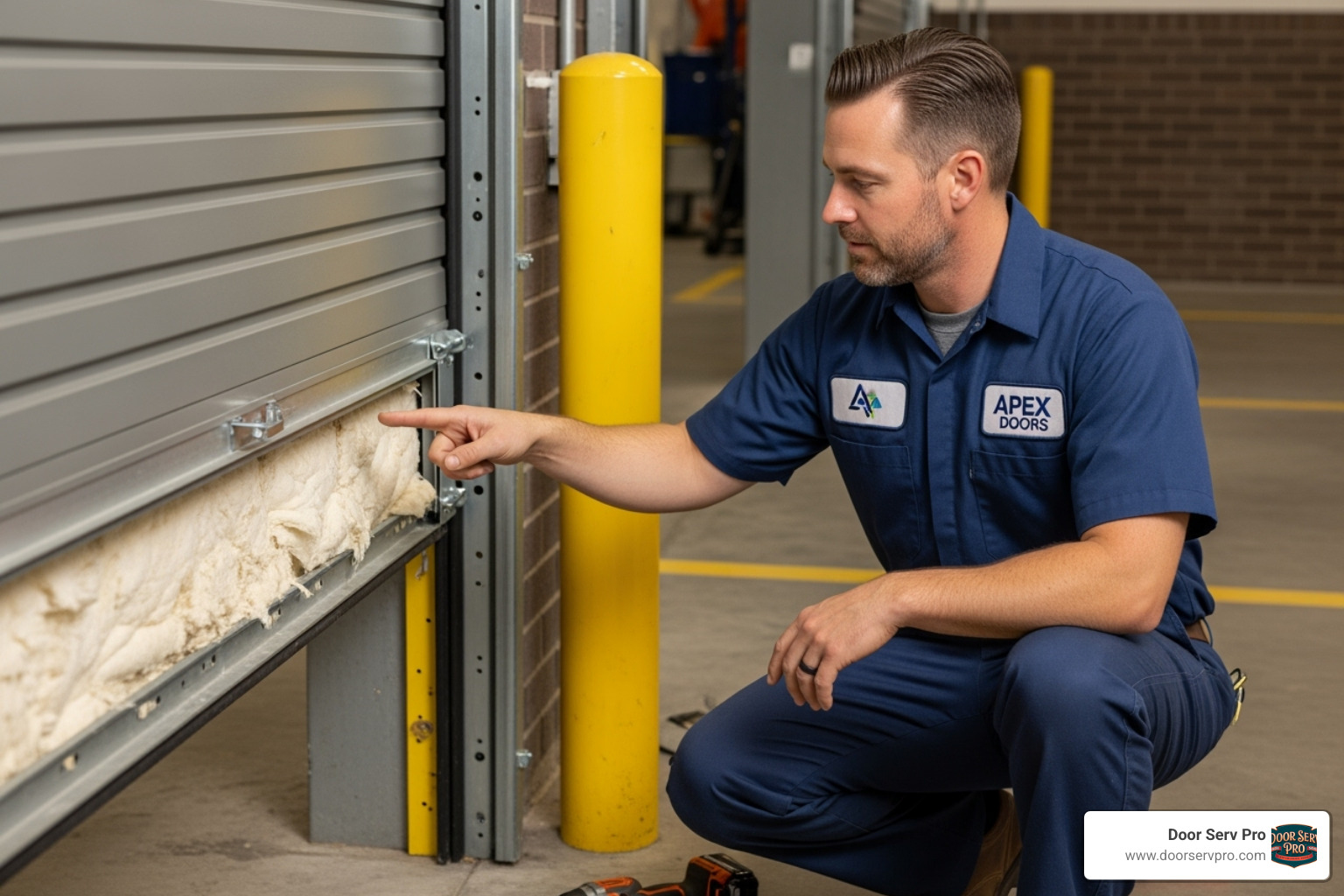 technician pointing out insulation - commercial door installation martinsburg wv