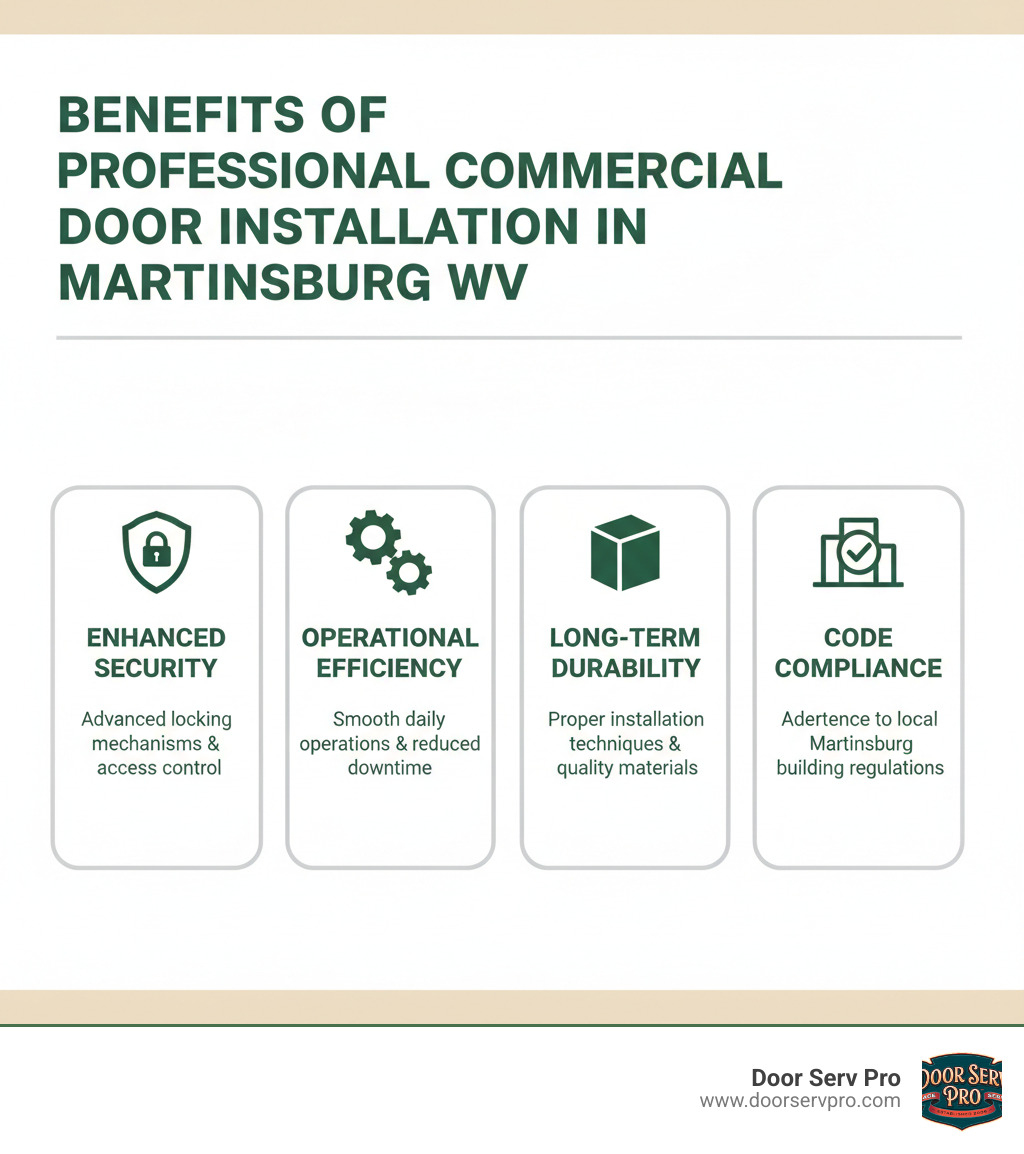 Infographic showing the four key benefits of professional commercial door installation in Martinsburg WV: Improved Security with advanced locking mechanisms and access control, Operational Efficiency through smooth daily operations and reduced downtime, Long-term Durability with proper installation techniques and quality materials, and Code Compliance ensuring adherence to local Martinsburg building regulations - commercial door installation martinsburg wv infographic