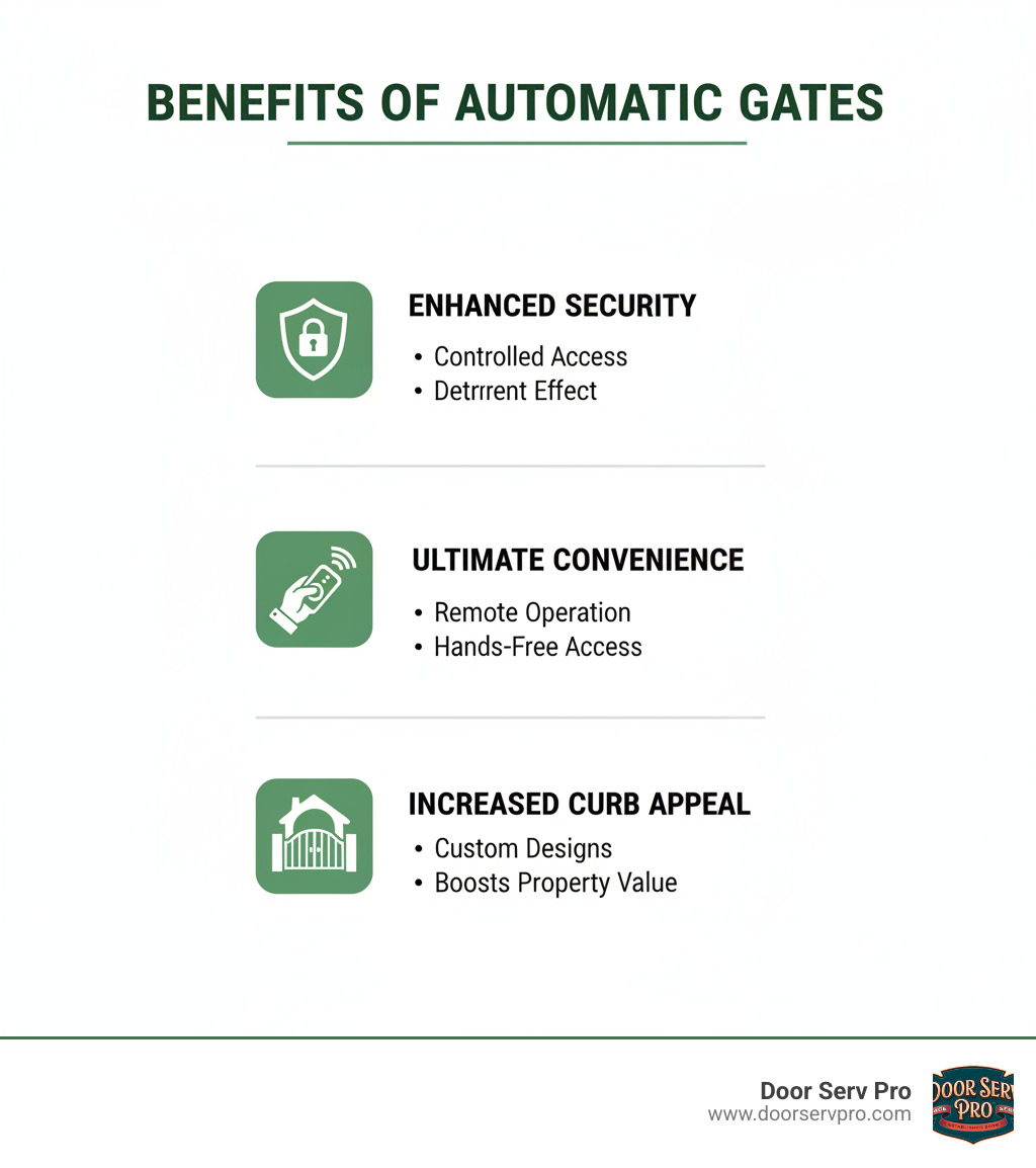 Infographic showing the three main benefits of automatic gates: Improved Security with controlled access and deterrent effect, Ultimate Convenience with remote operation and hands-free access, and Increased Curb Appeal with custom designs that boost property value - automatic gate repair winchester va infographic