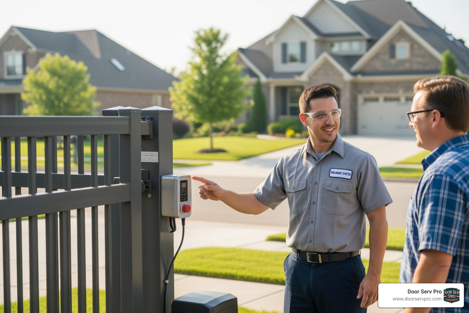 A friendly, professional technician in uniform, wearing safety glasses, is having a conversation with a homeowner in front of a newly installed automatic gate. The technician is pointing towards a component on the gate while explaining something to the homeowner. - automatic gate repair winchester va