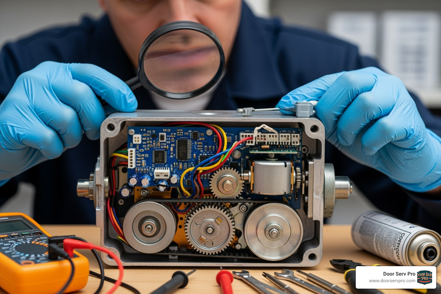 A close-up image of a technician in work gloves inspecting the internal components of an automatic gate motor, with tools laid out nearby. - automatic gate repair winchester va