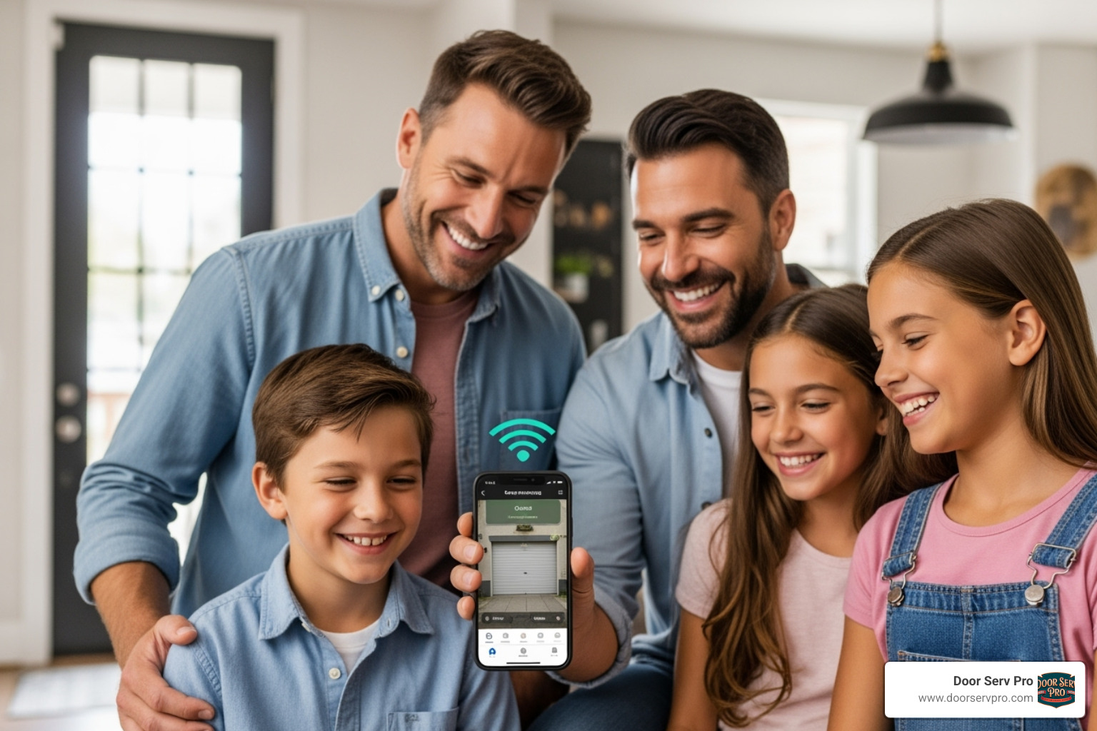 a family smiling while using a smartphone to monitor their garage door - quiet opener installation winchester va