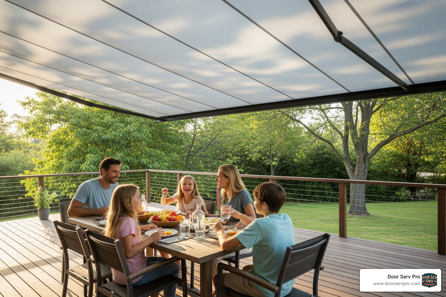 A family enjoying a meal on a shaded deck under a large retractable awning. - awning installation hagerstown md