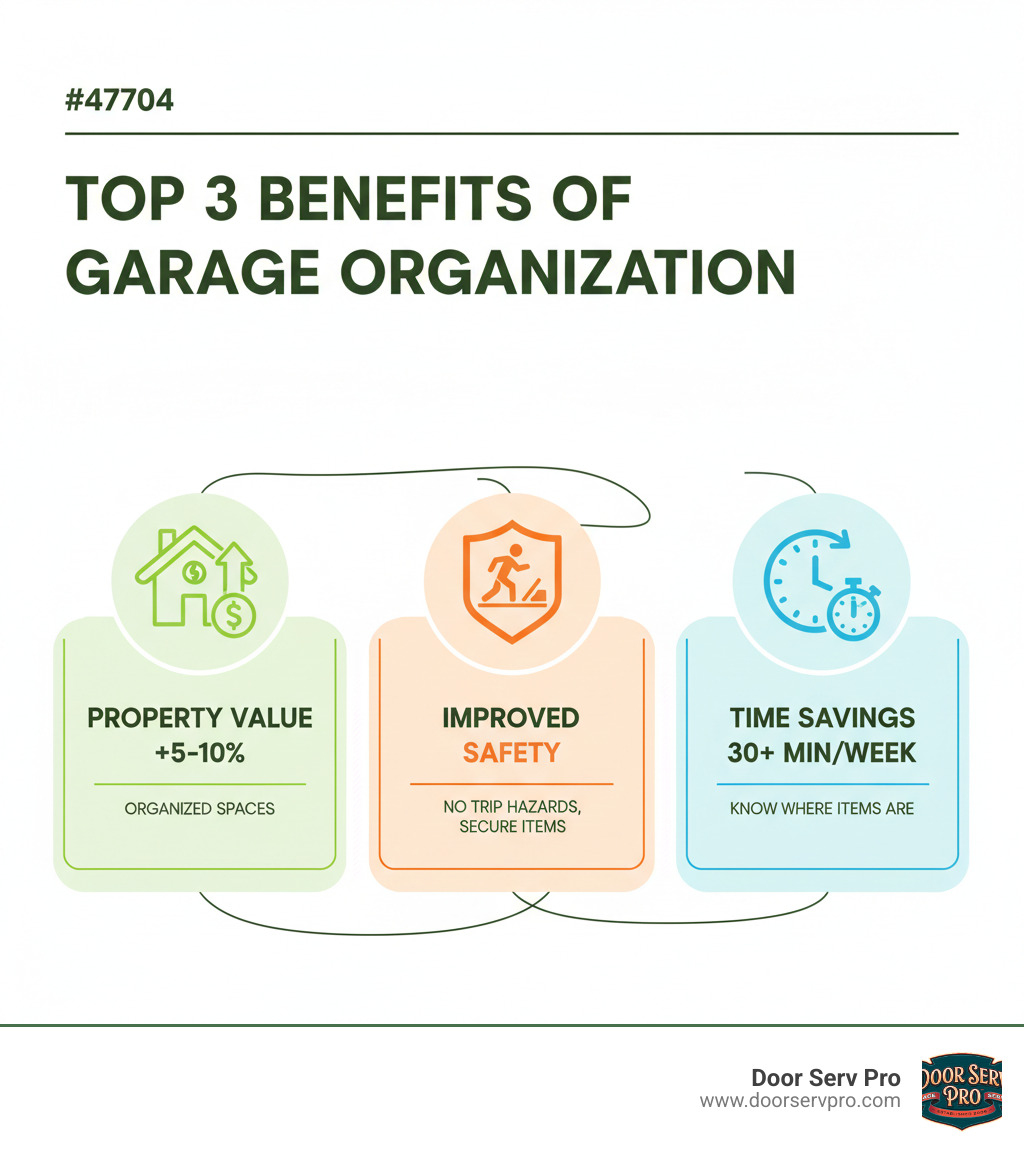 Infographic showing the top 3 benefits of garage organization: Property value increases by 5-10% with organized spaces, Safety improves by removing trip hazards and securing dangerous items, and Time savings of 30+ minutes per week by knowing exactly where items are stored - garage organization solutions fort loudon wv infographic