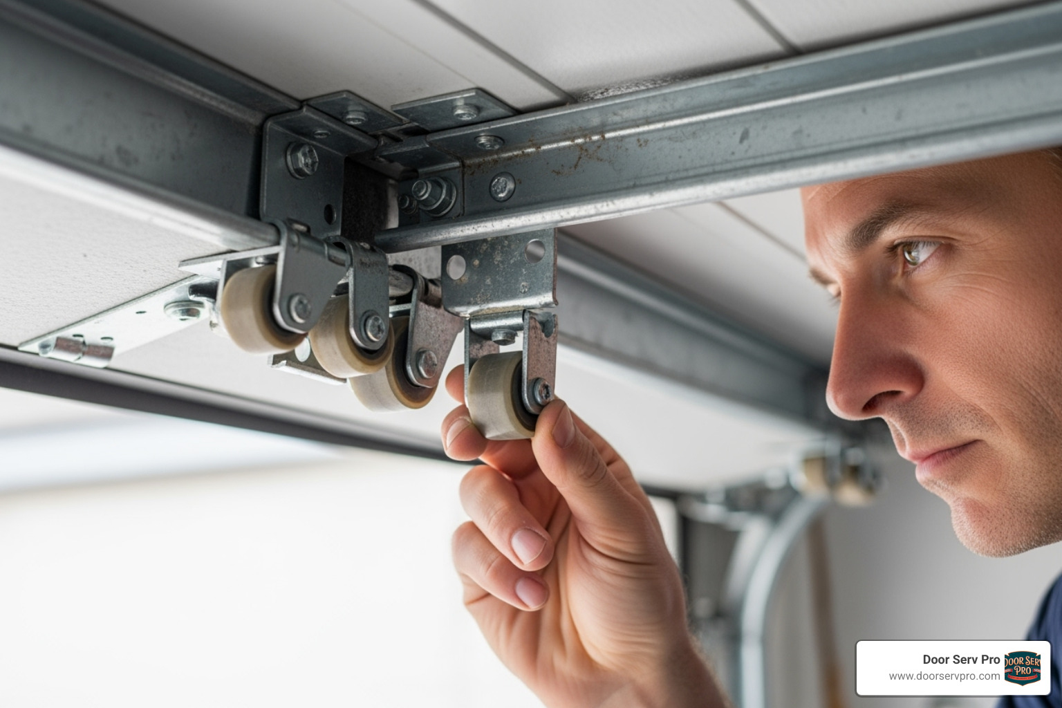 homeowner looking closely at garage door rollers and tracks - garage door safety check