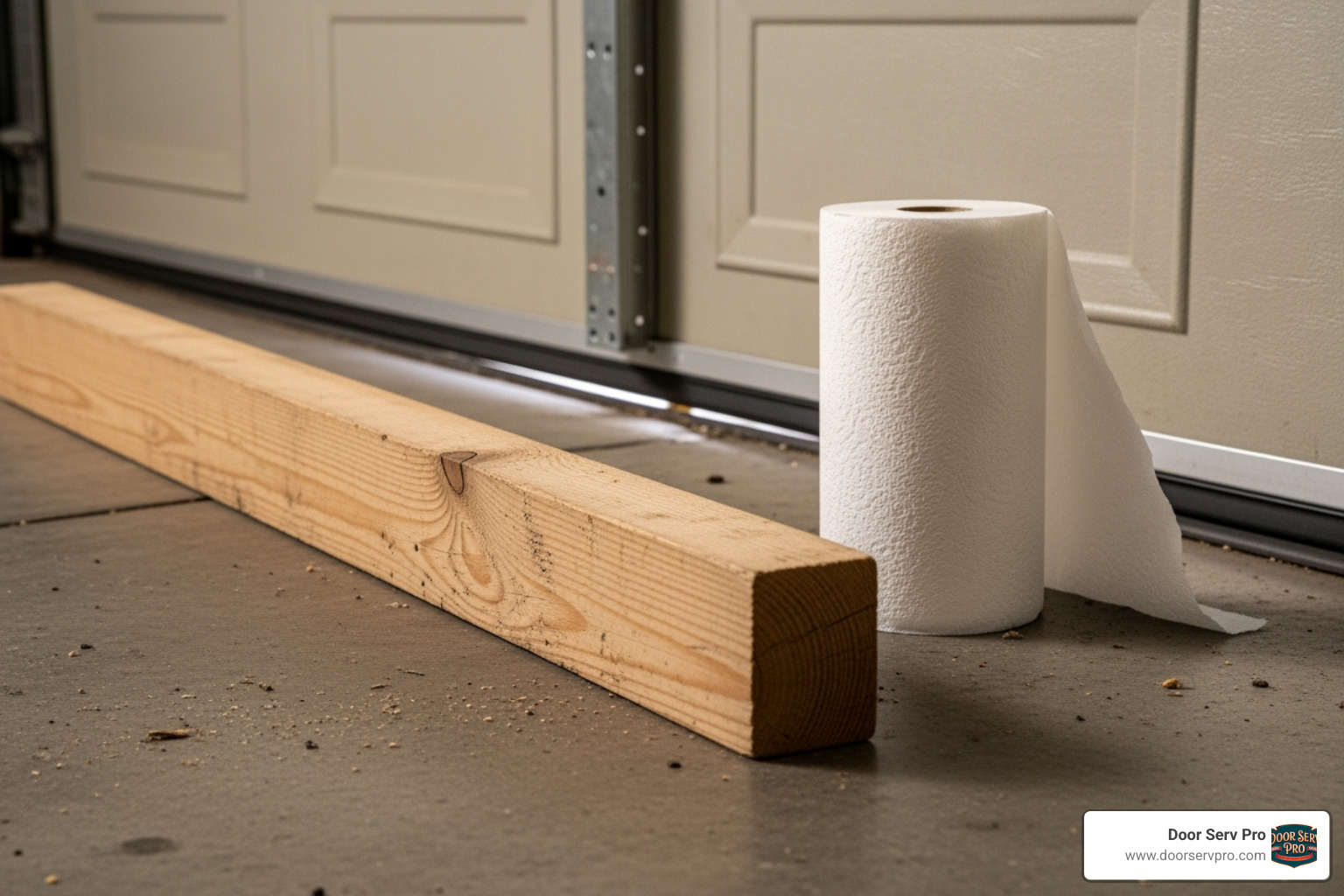 tools for a safety check: a 2x4 piece of wood and a paper towel roll - garage door safety check