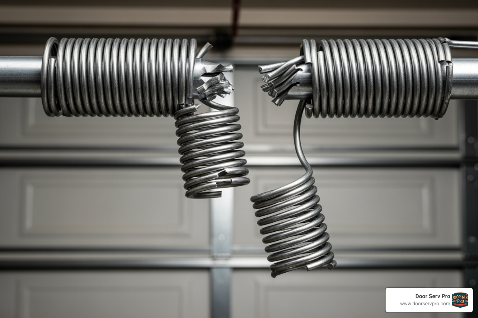 broken high-tension torsion spring above a garage door - garage door safety check