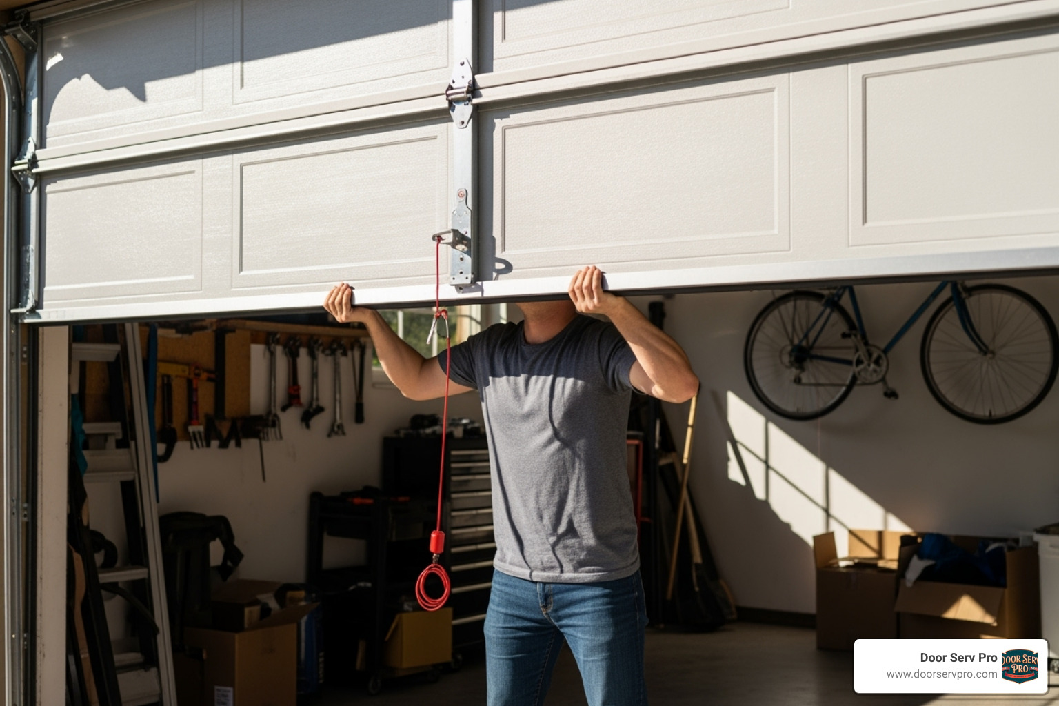person manually lifting a garage door after pulling the emergency release cord - garage door safety check