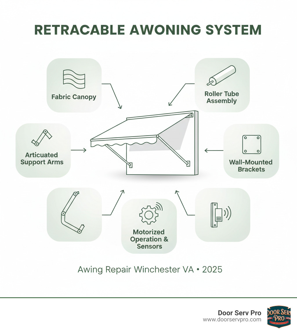Comprehensive infographic showing the main components of a retractable awning system including fabric canopy, roller tube assembly, articulated support arms, wall-mounted brackets, and motorized operation mechanism with sensors - awning repair winchester va infographic