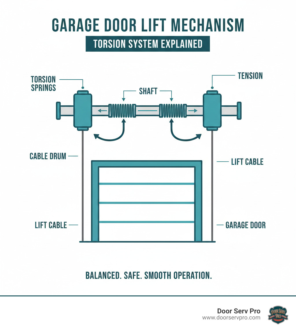 Infographic showing the garage door lifting mechanism: torsion springs mounted on a shaft, connected to cable drums on each side, with lift cables running down to the bottom corners of the door, illustrating how tension transfers from springs through drums to cables to lift the door - garage door drum replacement infographic  Infographic showing the garage door lifting mechanism: torsion springs mounted on a shaft, connected to cable drums on each side, with lift cables running down to the bottom corners of the door, illustrating how tension transfers from springs through drums to cables to lift the door - garage door drum replacement infographic
