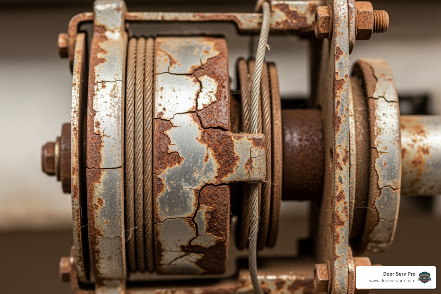 A visibly cracked and rusted garage door drum - garage door drum replacement A visibly cracked and rusted garage door drum - garage door drum replacement