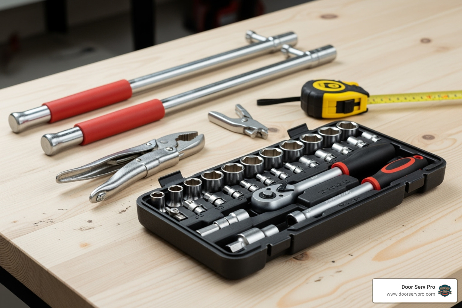 Essential tools for drum replacement laid out, including winding bars and locking pliers - garage door drum replacement Essential tools for drum replacement laid out, including winding bars and locking pliers - garage door drum replacement