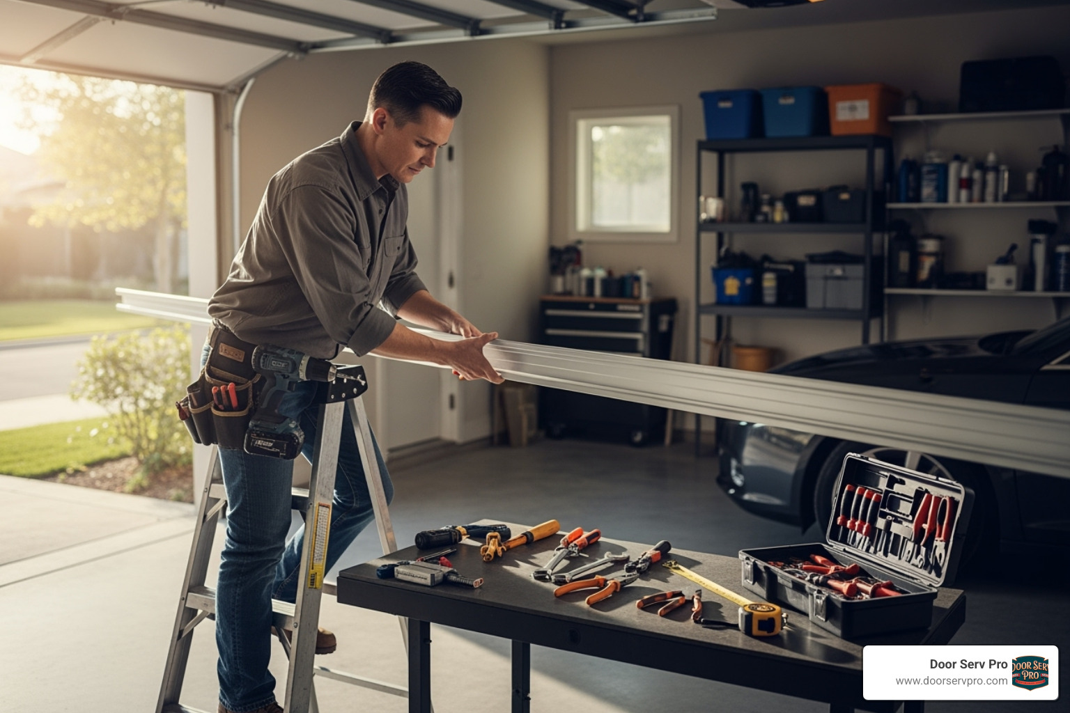 a professional technician carefully installing a new garage door section - garage door replacement chambersburg pa a professional technician carefully installing a new garage door section - garage door replacement chambersburg pa