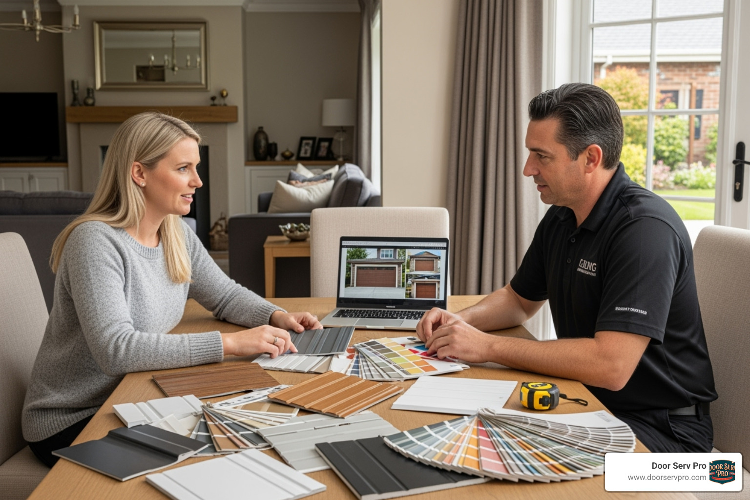 a design consultation with a homeowner looking at garage door samples and color swatches - garage door replacement chambersburg pa a design consultation with a homeowner looking at garage door samples and color swatches - garage door replacement chambersburg pa