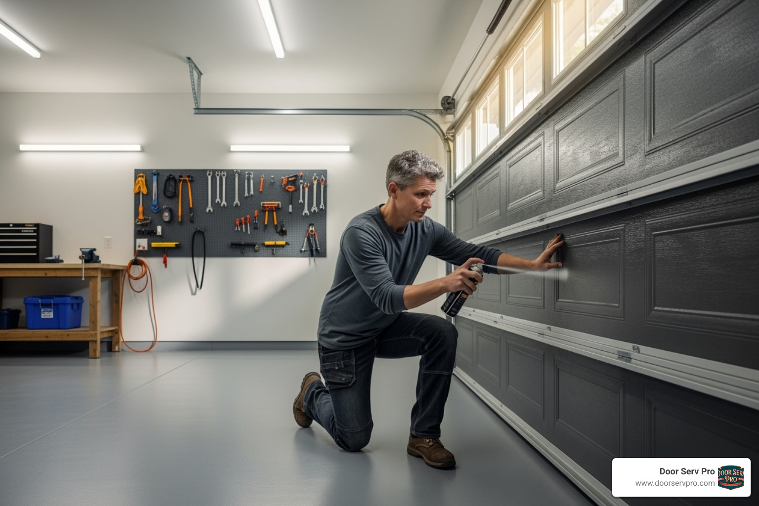 a homeowner lubricating the rollers on their new garage door - garage door replacement chambersburg pa a homeowner lubricating the rollers on their new garage door - garage door replacement chambersburg pa