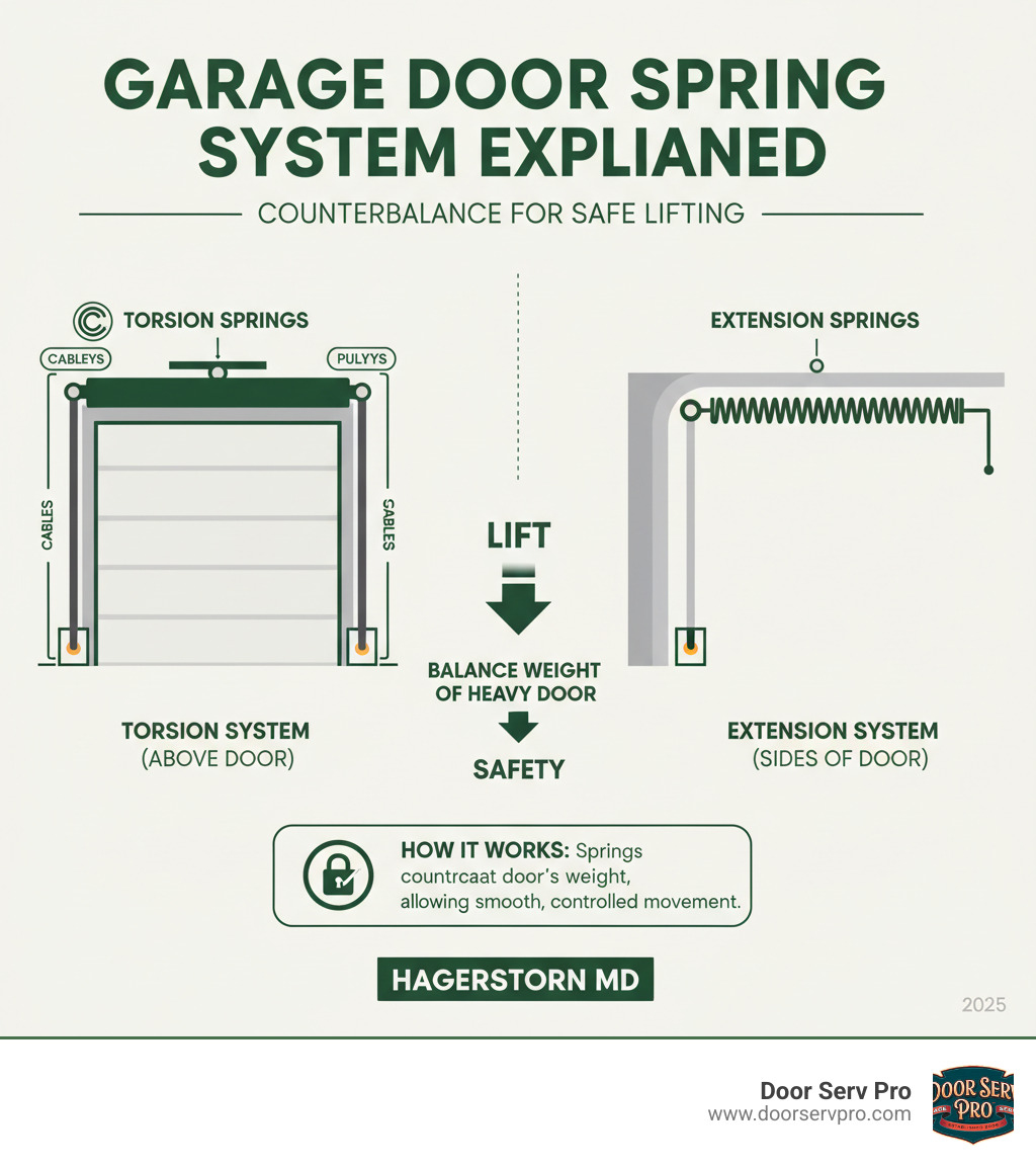 Infographic showing garage door spring system components including torsion springs mounted above the door, extension springs on the sides, cables, pulleys, and how the counterbalance system works to lift the heavy door safely - garage door spring repair hagerstown md infographic  Infographic showing garage door spring system components including torsion springs mounted above the door, extension springs on the sides, cables, pulleys, and how the counterbalance system works to lift the heavy door safely - garage door spring repair hagerstown md infographic