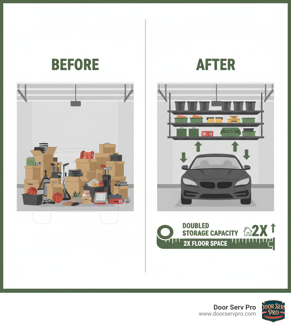 Infographic showing a Winchester garage change with overhead storage racks, displaying before and after views with cluttered floor space converted to organized overhead storage, car parked inside, and reclaimed floor area with measurements showing doubled storage capacity - overhead storage racks winchester va infographic 
