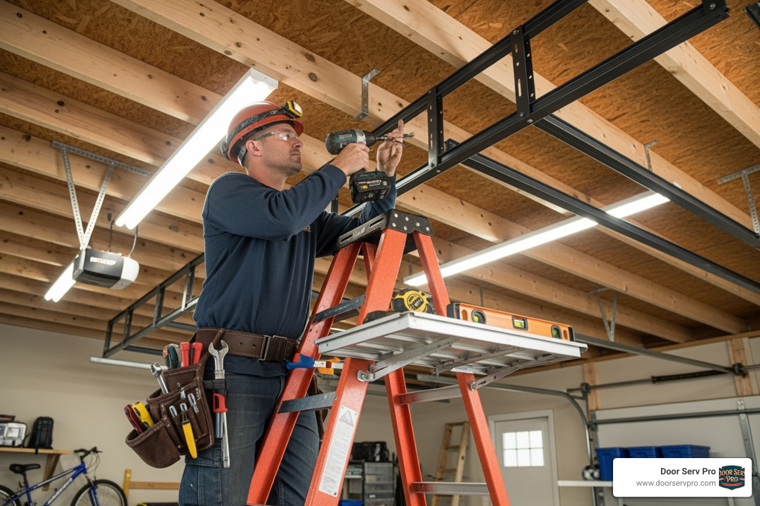 professional installer safely securing an overhead rack to ceiling joists - overhead storage racks winchester va