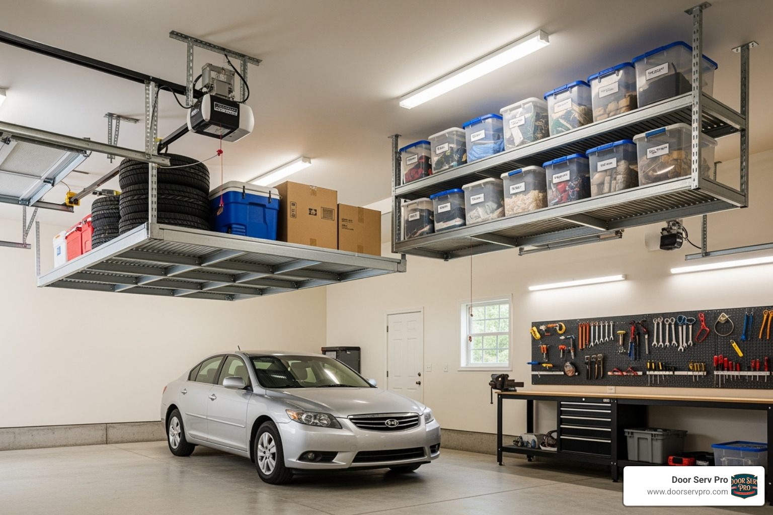 static and a motorized overhead storage rack in a garage setting - overhead storage racks winchester va