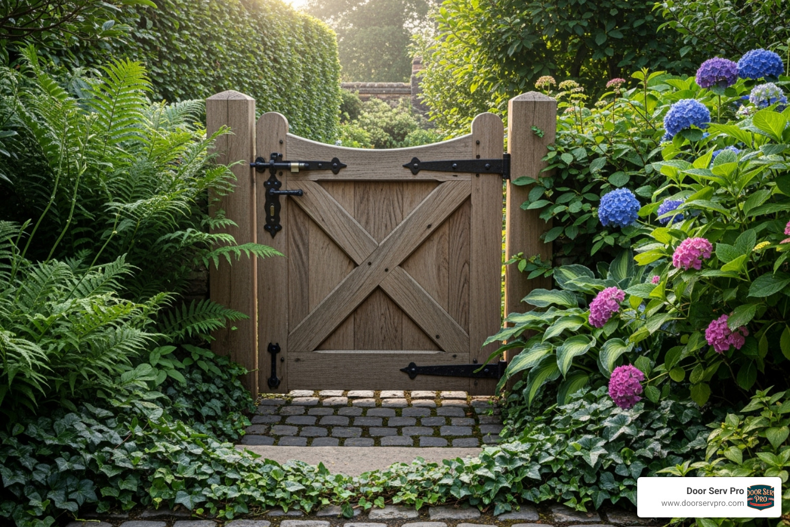 A classic wooden swing gate with decorative hardware, set against a lush green garden - gate installation inwood wv A classic wooden swing gate with decorative hardware, set against a lush green garden - gate installation inwood wv