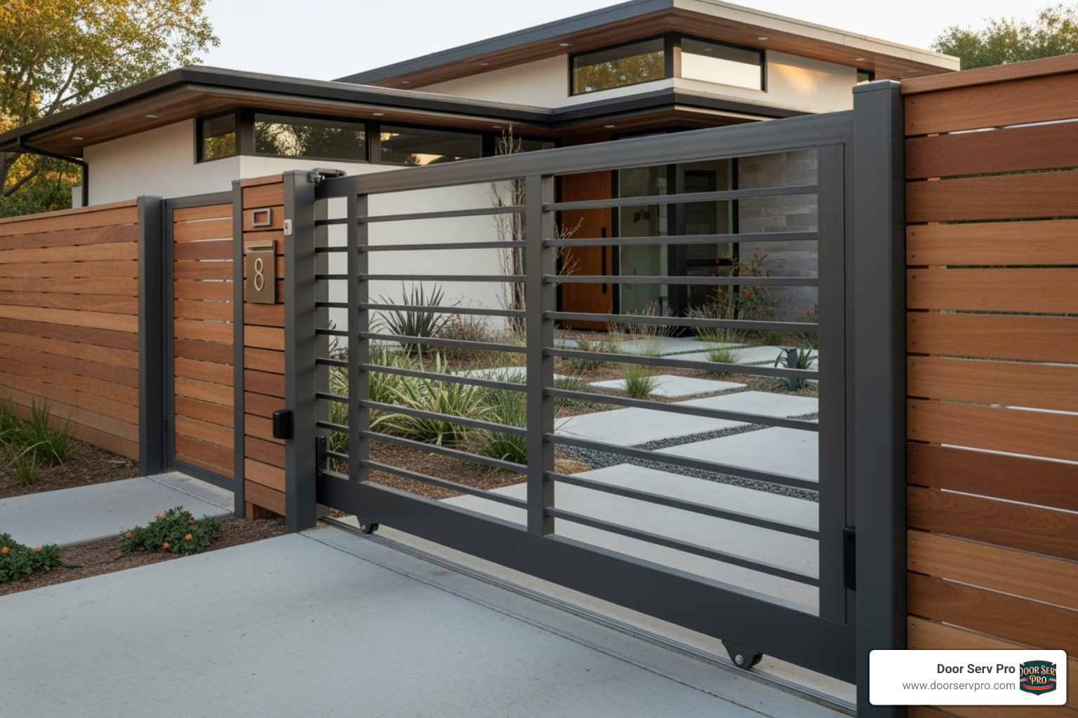 A modern aluminum sliding gate with sleek lines, integrated into a contemporary home's fence - gate installation inwood wv A modern aluminum sliding gate with sleek lines, integrated into a contemporary home's fence - gate installation inwood wv