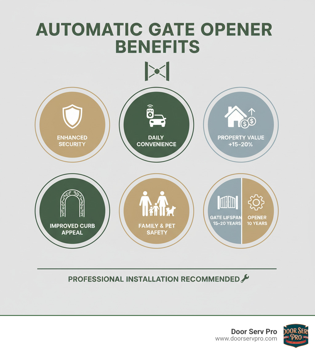 infographic showing benefits of automatic gate openers including enhanced security, daily convenience, increased property value by 15-20%, improved curb appeal, family and pet safety, 15-20 year gate lifespan with professional installation, and 10 year average opener lifespan - gate opener installation martinsburg wv infographic infographic showing benefits of automatic gate openers including enhanced security, daily convenience, increased property value by 15-20%, improved curb appeal, family and pet safety, 15-20 year gate lifespan with professional installation, and 10 year average opener lifespan - gate opener installation martinsburg wv infographic