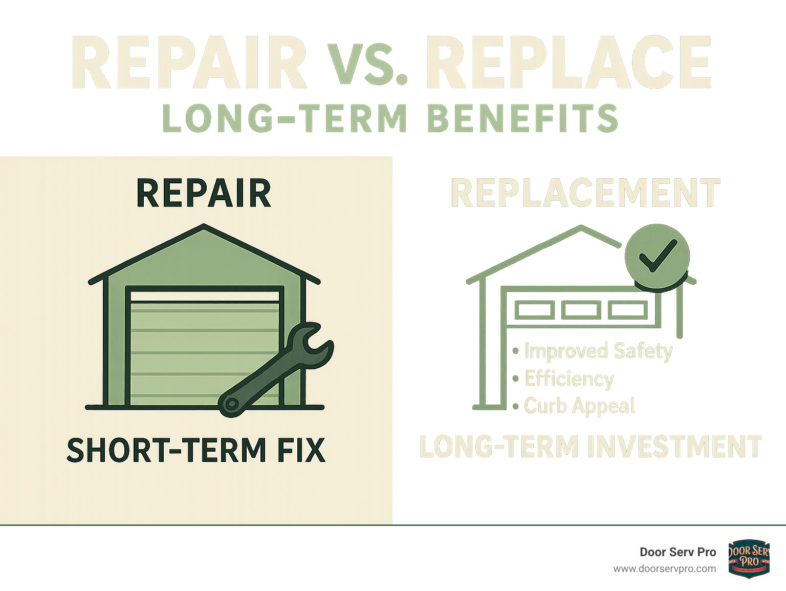 Infographic comparing the long-term benefits of repair versus replacement for garage doors, showing repair as a short-term fix and replacement as a long-term investment with improved safety, efficiency, and curb appeal - garage door repair quotes infographic Infographic comparing the long-term benefits of repair versus replacement for garage doors, showing repair as a short-term fix and replacement as a long-term investment with improved safety, efficiency, and curb appeal - garage door repair quotes infographic