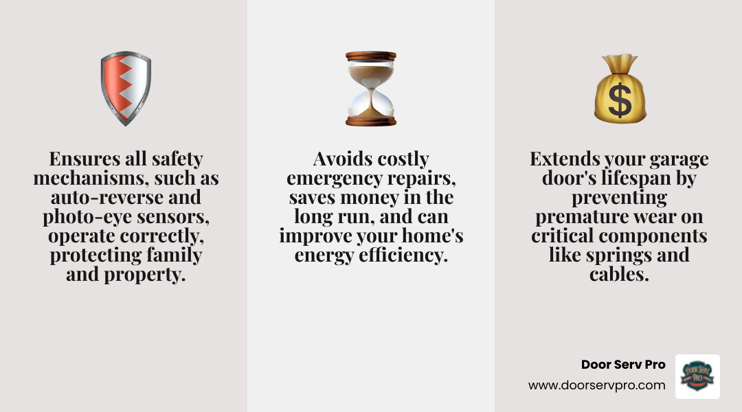 infographic showing benefits of garage door tune-ups including safety features with auto-reverse sensors and photo-eye protection, longevity benefits with extended lifespan and reduced wear, and cost savings through prevention of expensive repairs and improved energy efficiency - garage door tune-up chambersburg pa infographic 3_facts_emoji_grey infographic showing benefits of garage door tune-ups including safety features with auto-reverse sensors and photo-eye protection, longevity benefits with extended lifespan and reduced wear, and cost savings through prevention of expensive repairs and improved energy efficiency - garage door tune-up chambersburg pa infographic 3_facts_emoji_grey