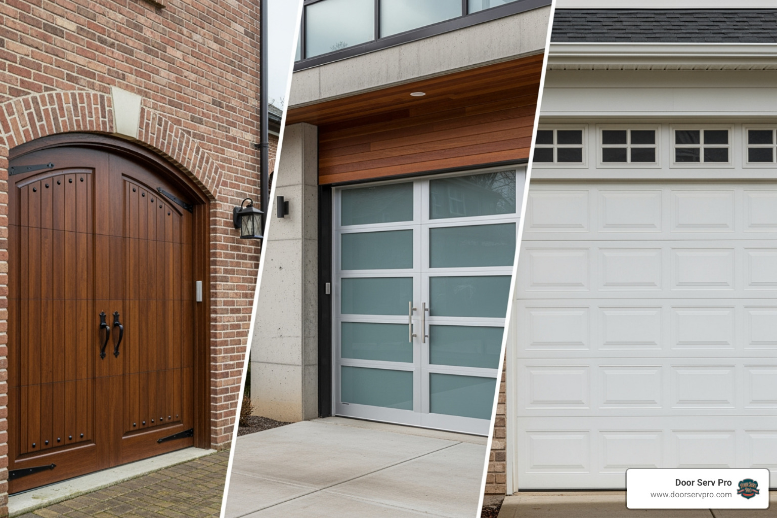 Collage of various garage door styles including carriage house, modern aluminum, and traditional raised panel designs - garage door installation chambersburg pa