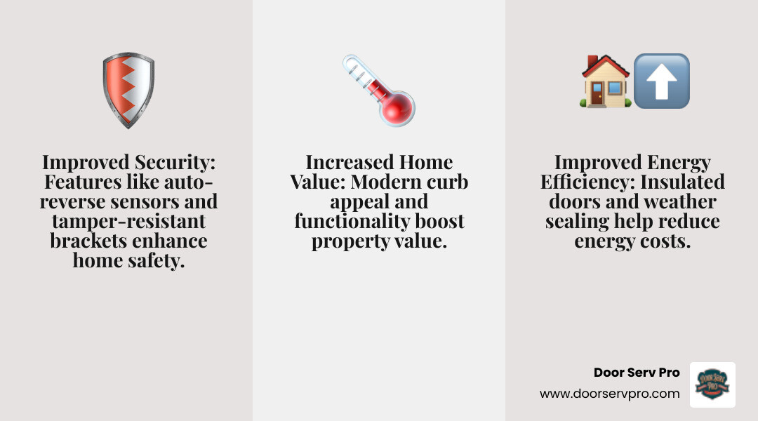 Infographic showing three circular icons with benefits of new garage door installation: first icon shows a shield representing improved security with auto-reverse sensors and tamper-resistant features, second icon shows a thermometer and dollar sign representing improved energy efficiency through insulated doors and weather sealing, third icon shows a house with upward arrow representing increased home value with modern curb appeal - garage door installation chambersburg pa infographic 3_facts_emoji_grey