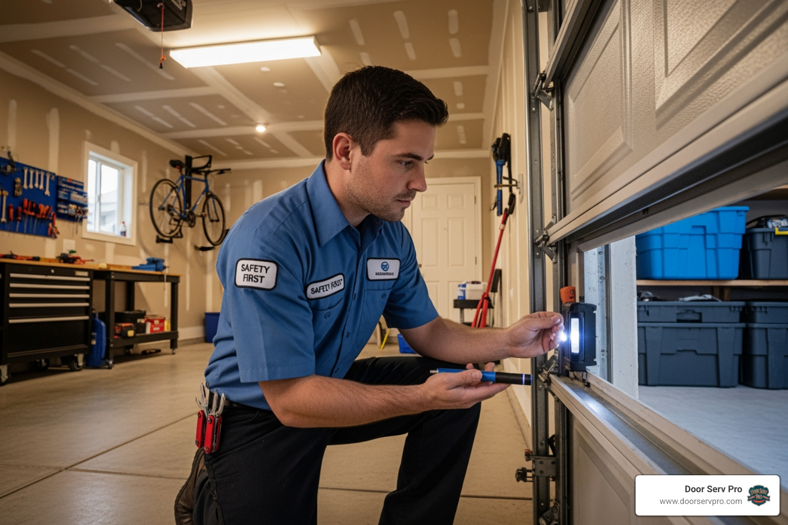Technician performing safety check on garage door in Chambersburg PA - garage door maintenance chambersburg pa