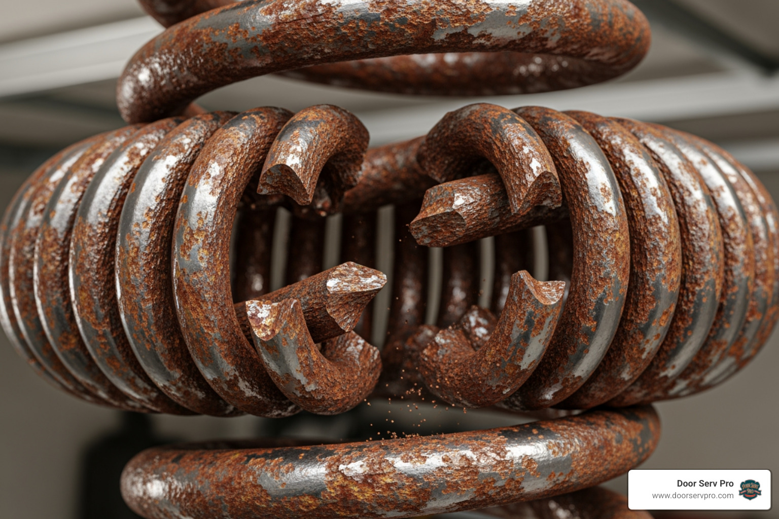 garage door spring showing visible signs of rust and a gap in the coil - Find a local garage door spring service near Paw Paw, WV for routine maintenance.