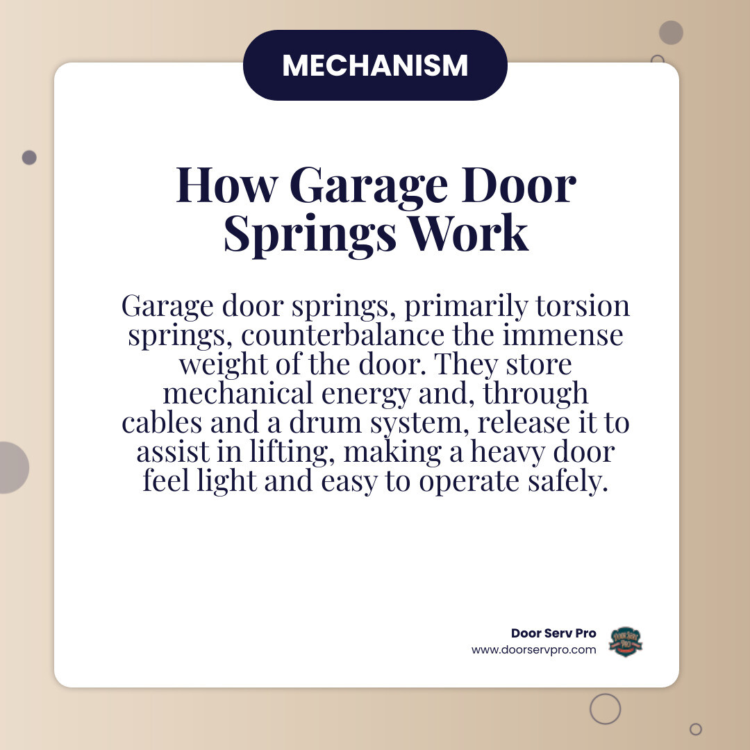 infographic showing how garage door springs counterbalance door weight, with labels for torsion spring, cables, and how tension is distributed across the system - Find a local garage door spring service near Paw Paw, WV for routine maintenance. infographic simple-info-card