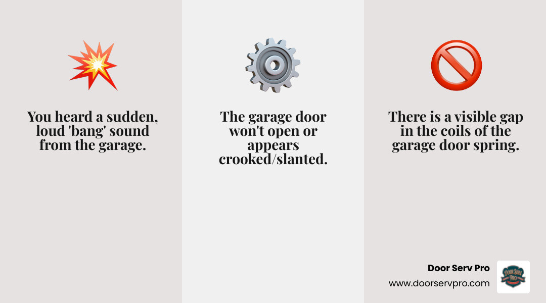 infographic showing three key signs of a broken garage door spring: a loud bang sound, visible gap in the spring coil, and a garage door that won't open or appears crooked - emergency broken garage door spring repair chambersburg pa infographic 3_facts_emoji_grey